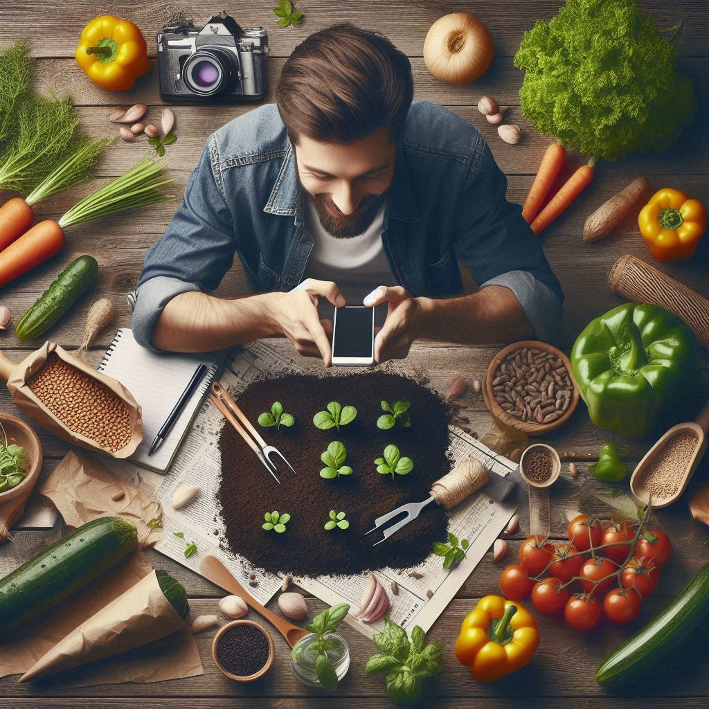 A man taking picture of seed starting mix for vegetables garden