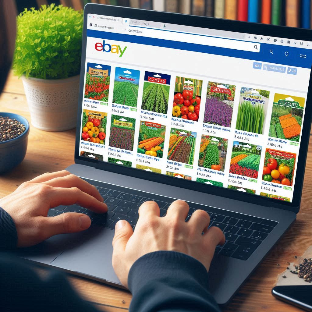 A person on a laptop buying vegetable seeds on eBay