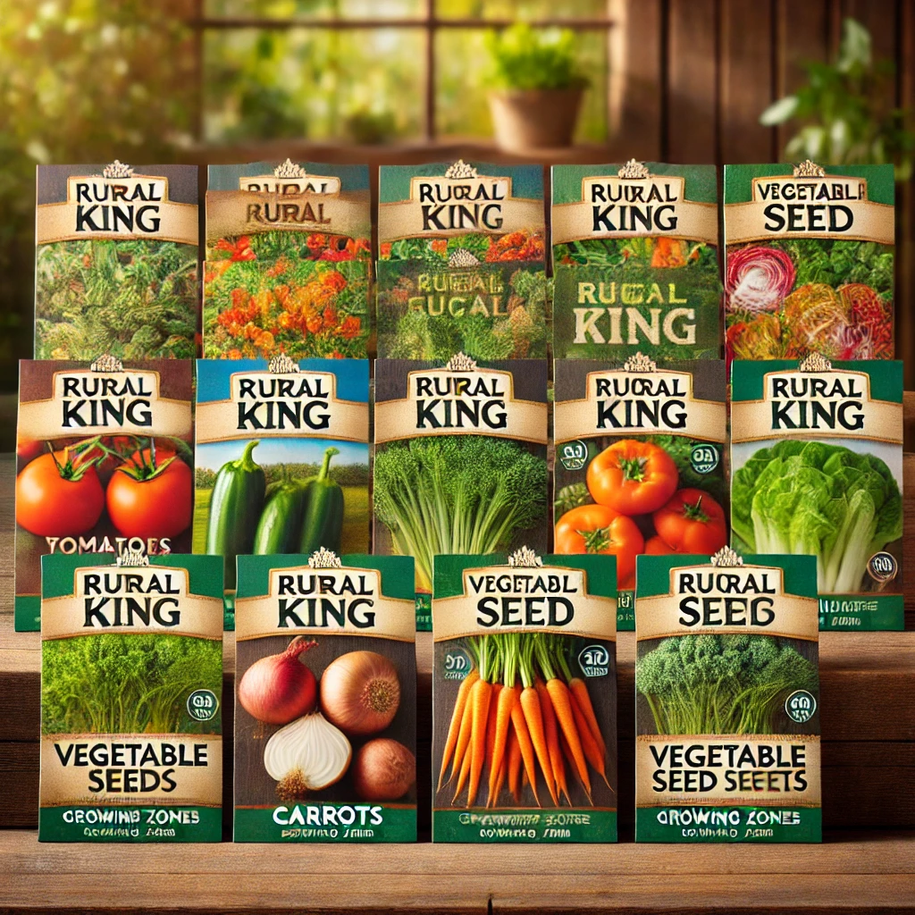 A selection of Rural King vegetable seed packets arranged neatly on a wooden surface.