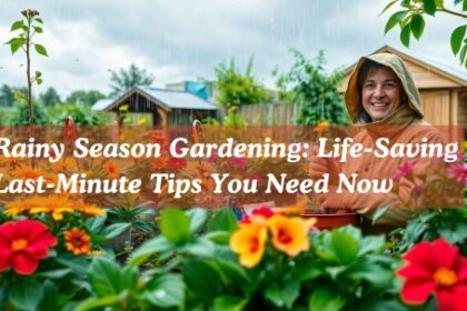 A cheerful gardener in a raincoat working among vibrant flowers during a rainfall, surrounded by lush greenery and garden sheds, illustrating the concept of rainy season gardening with tips for managing a garden in wet weather.
