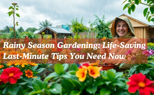 A cheerful gardener in a raincoat working among vibrant flowers during a rainfall, surrounded by lush greenery and garden sheds, illustrating the concept of rainy season gardening with tips for managing a garden in wet weather.